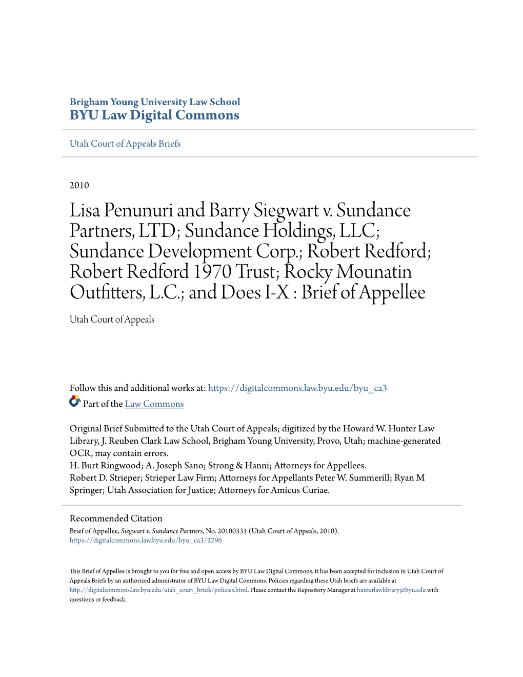 Lisa Penunuri and Barry Siegwart V. Sundance Partners