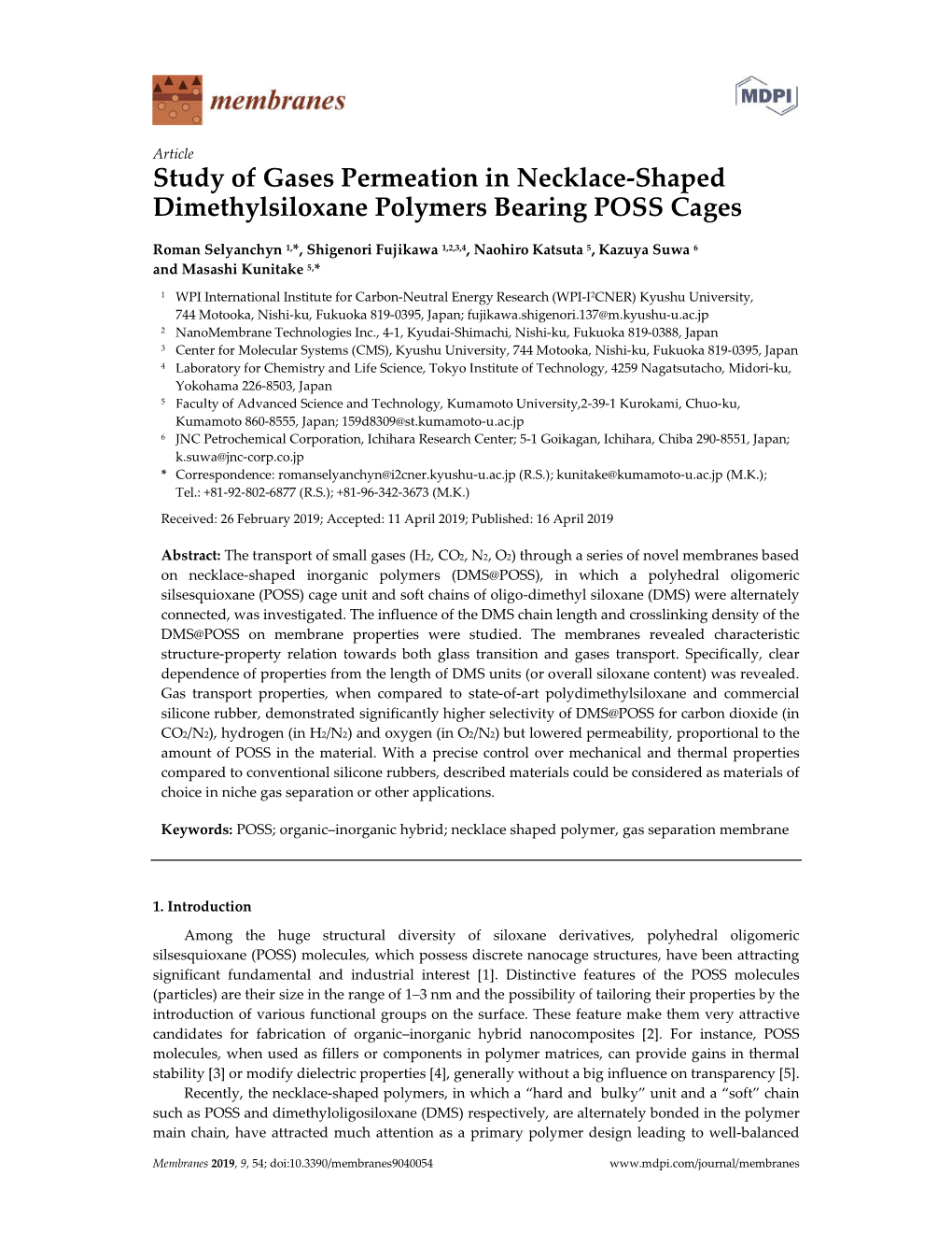 Study of Gases Permeation in Necklace-Shaped Dimethylsiloxane Polymers Bearing POSS Cages