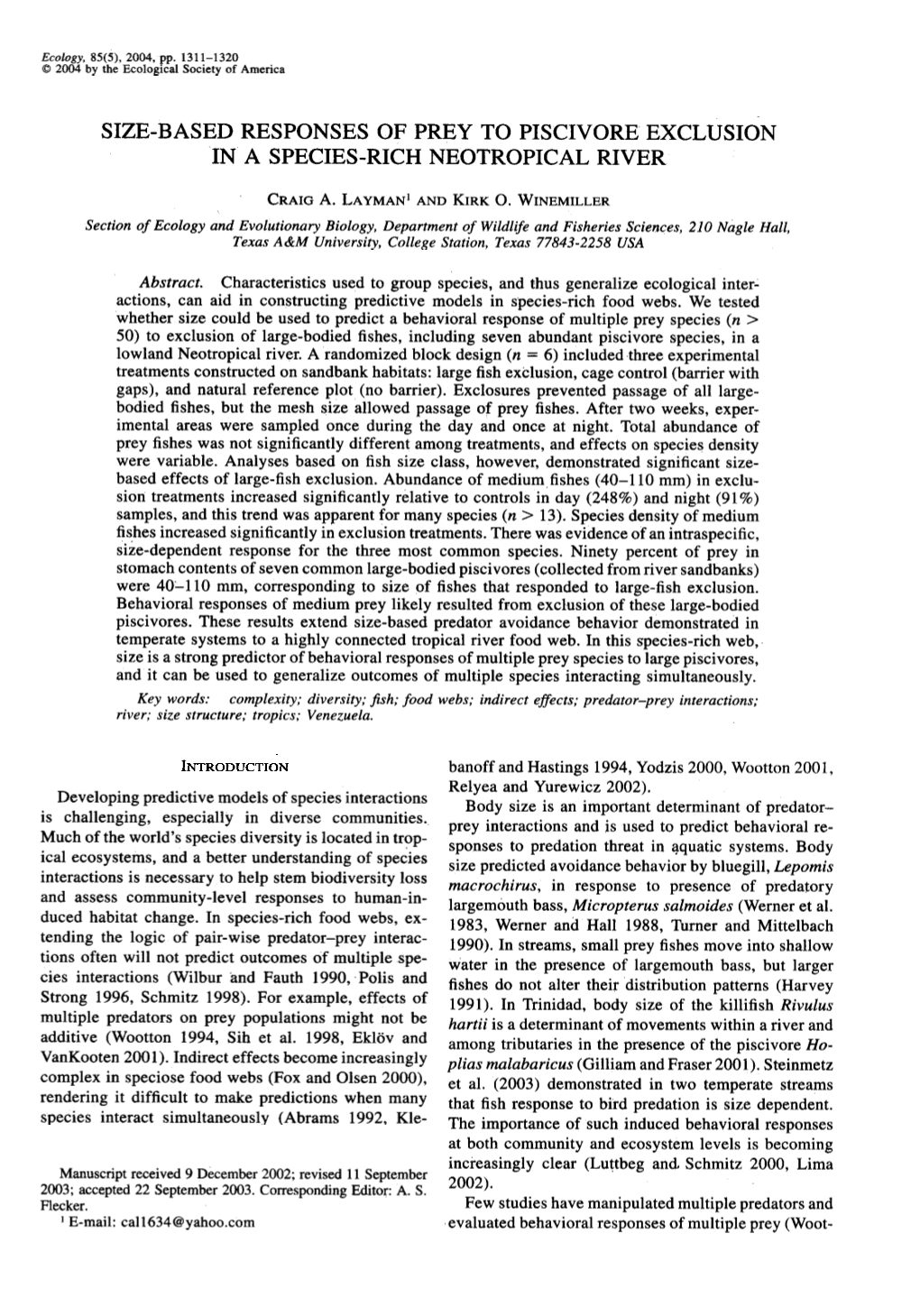 Size-Based Responses of Prey to Piscivore Exclusion in a Species-Rich Neotropical River