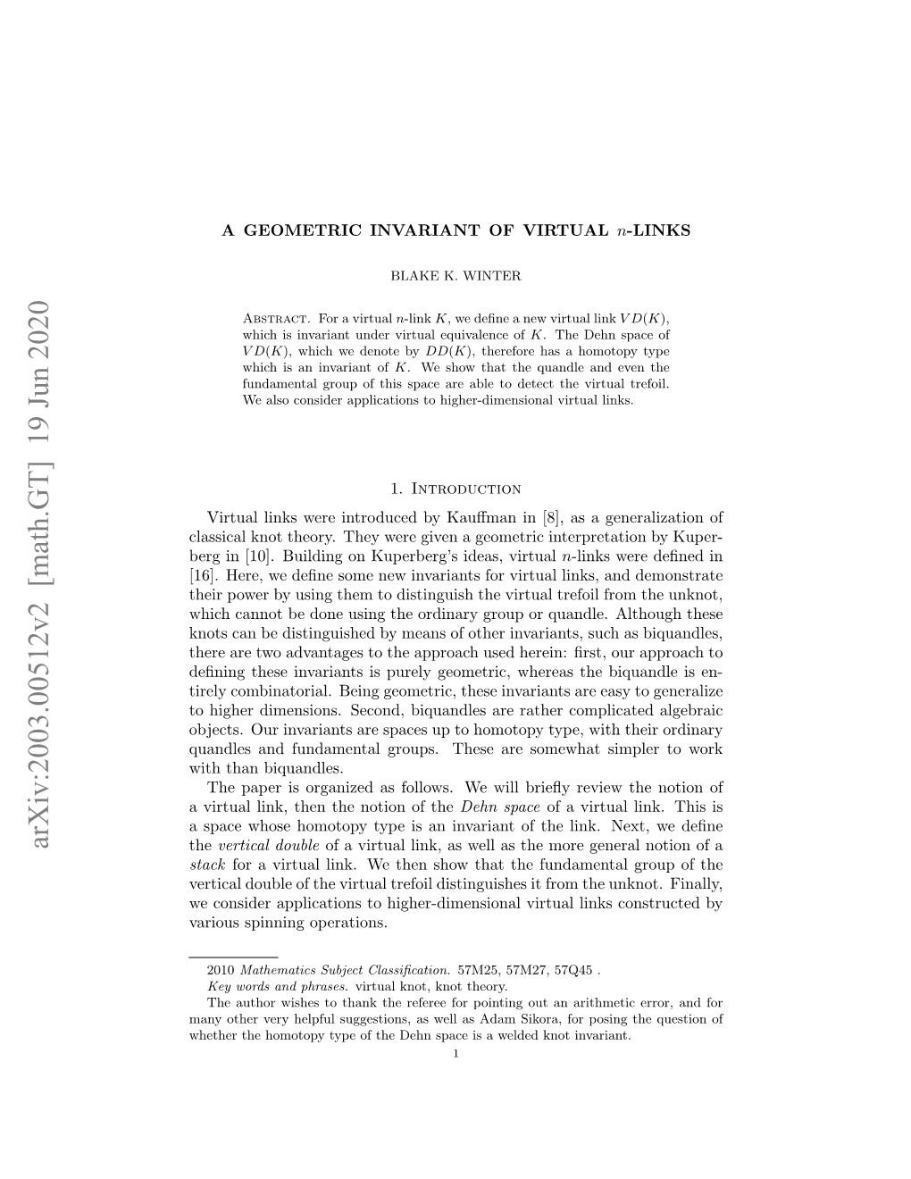 Arxiv:2003.00512V2 [Math.GT] 19 Jun 2020 the Vertical Double of a Virtual Link, As Well As the More General Notion of a Stack for a Virtual Link