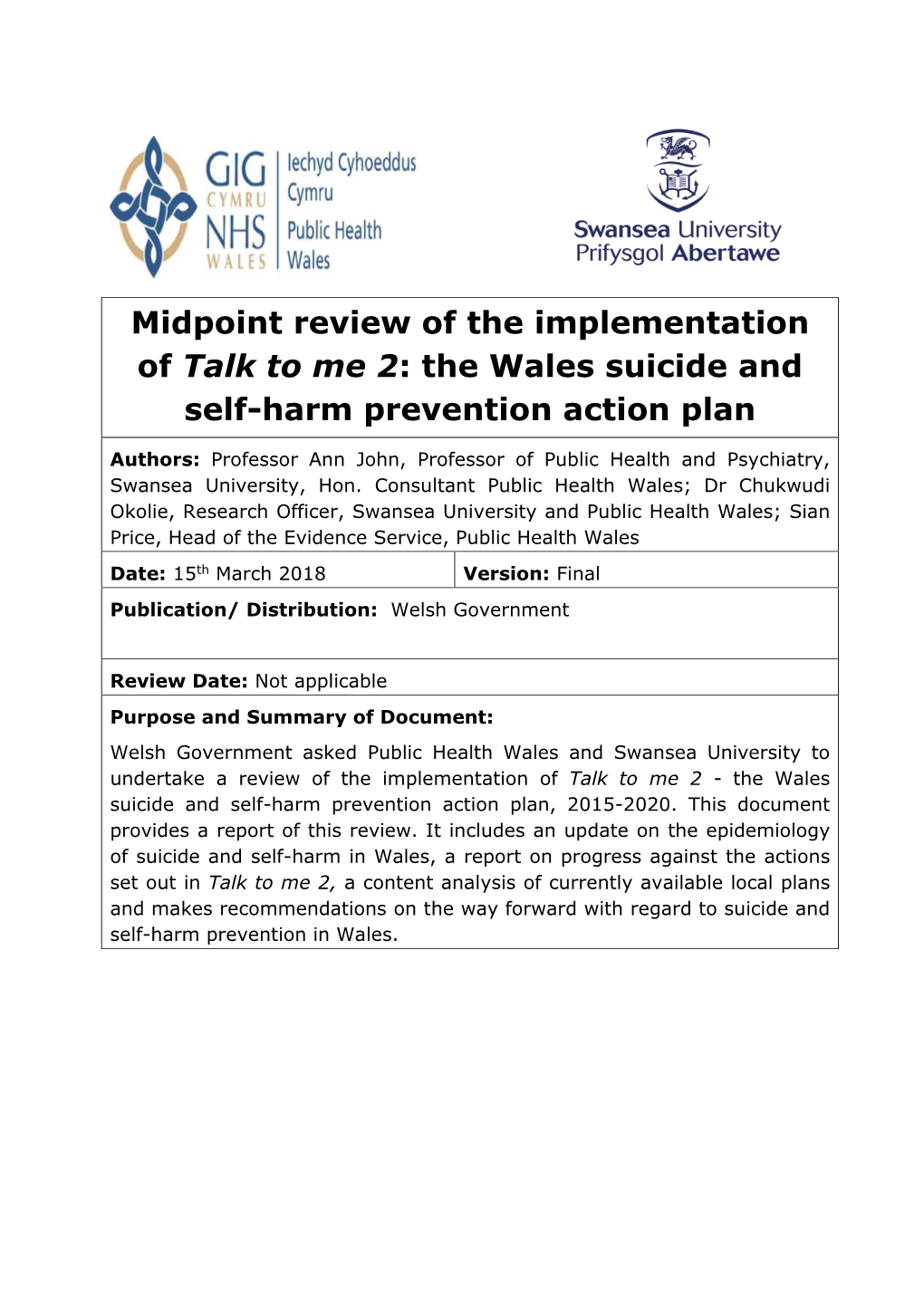 The Wales Suicide and Self-Harm Prevention Action Plan