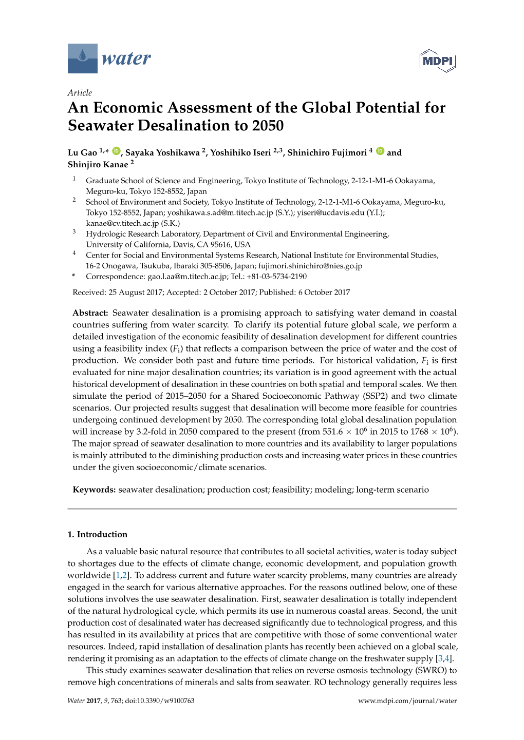 An Economic Assessment of the Global Potential for Seawater Desalination to 2050