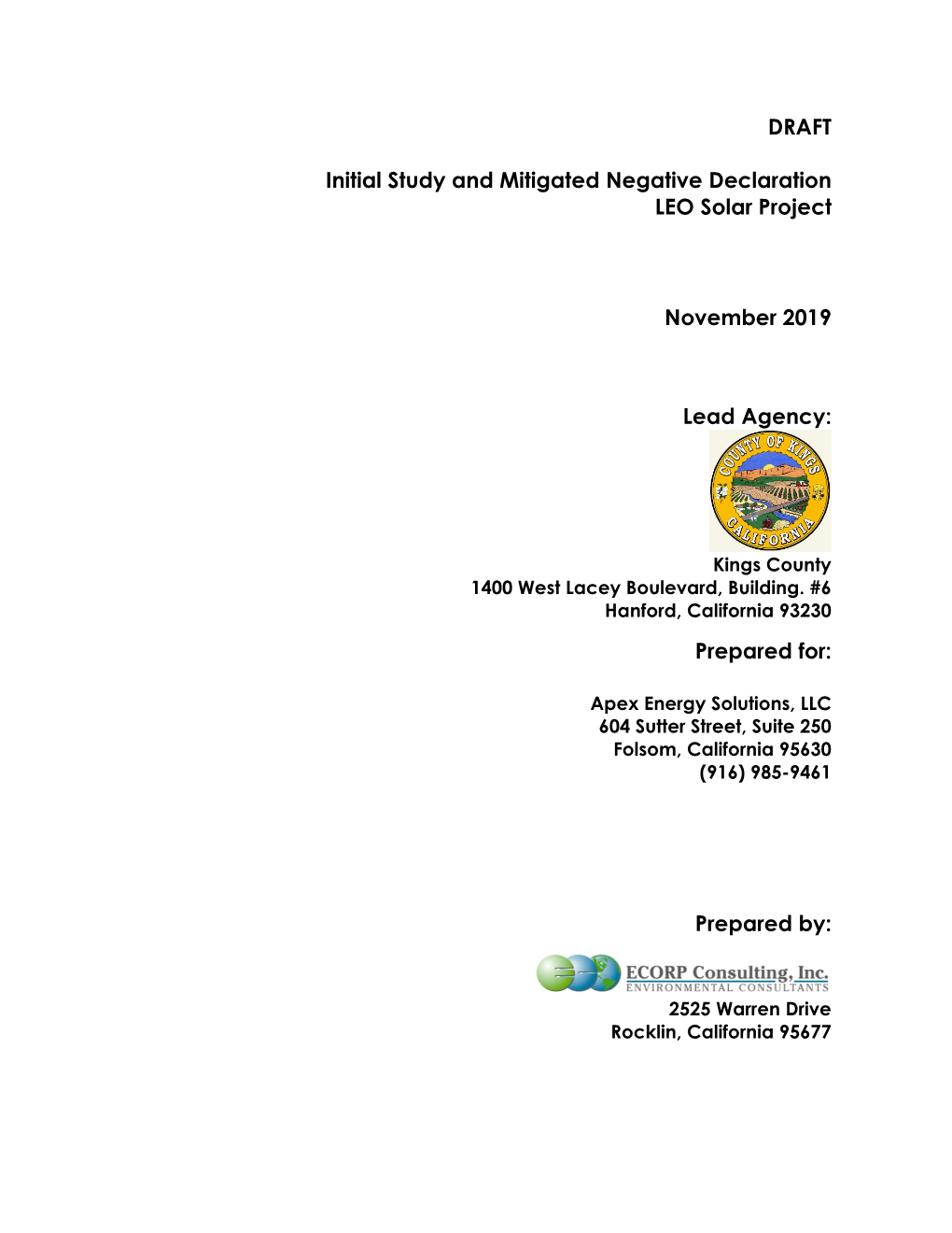 Draft Initial Study and Mitigated Negative Declaration Leo Solar Project