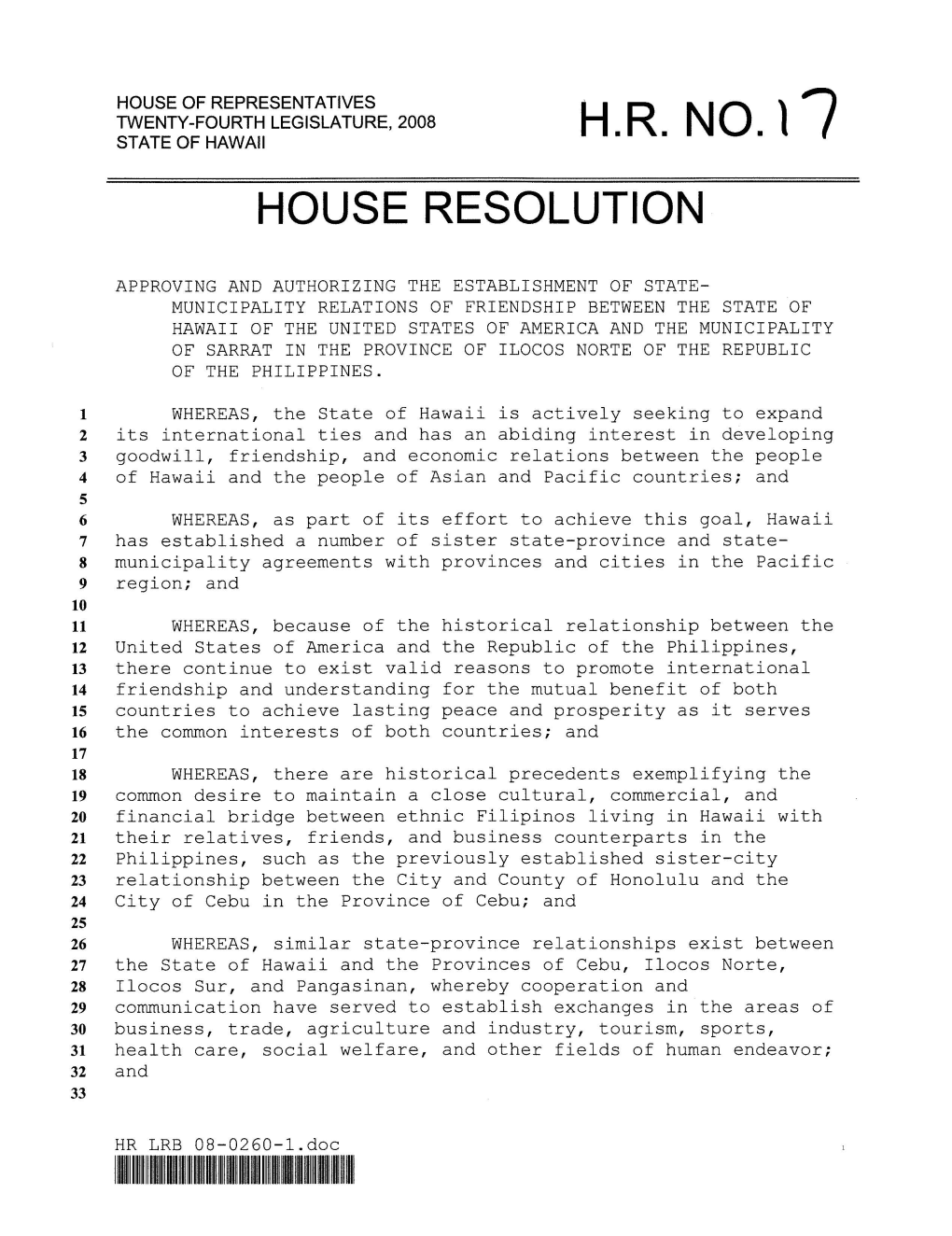 H.R. No. 11 State of Hawaii House Resolution