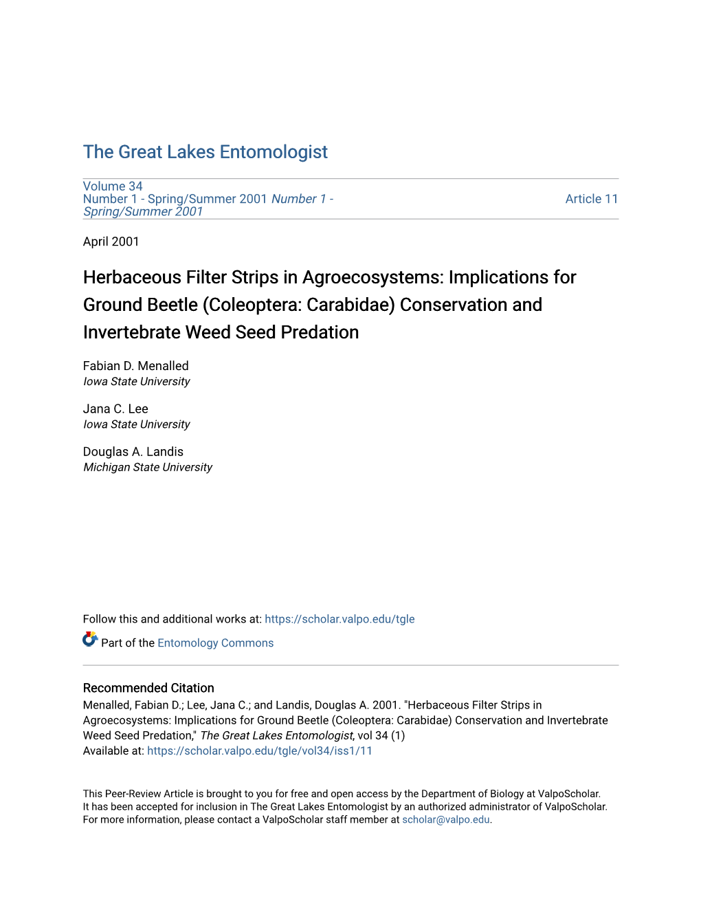 (Coleoptera: Carabidae) Conservation and Invertebrate Weed Seed Predation