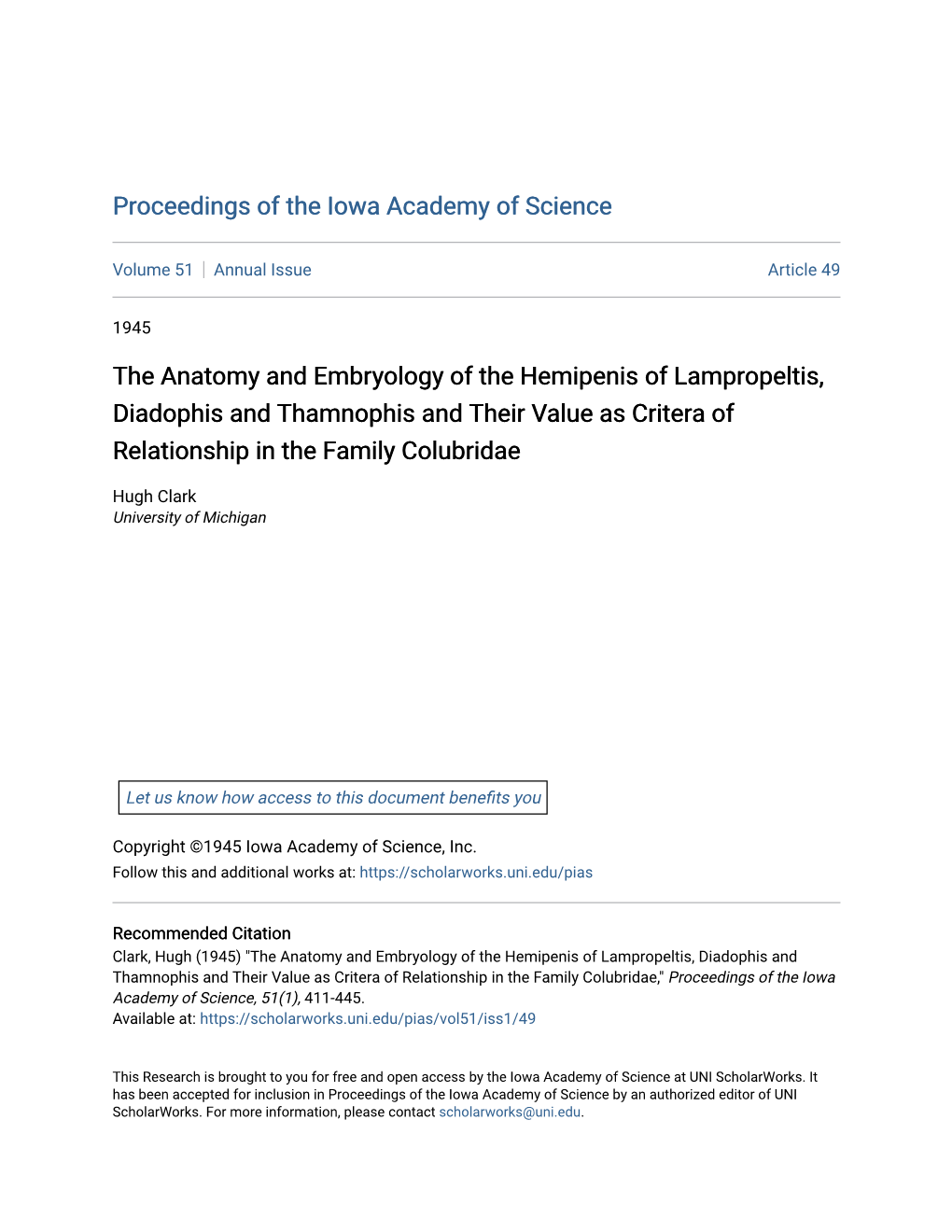 The Anatomy and Embryology of the Hemipenis of Lampropeltis, Diadophis and Thamnophis and Their Value As Critera of Relationship in the Family Colubridae