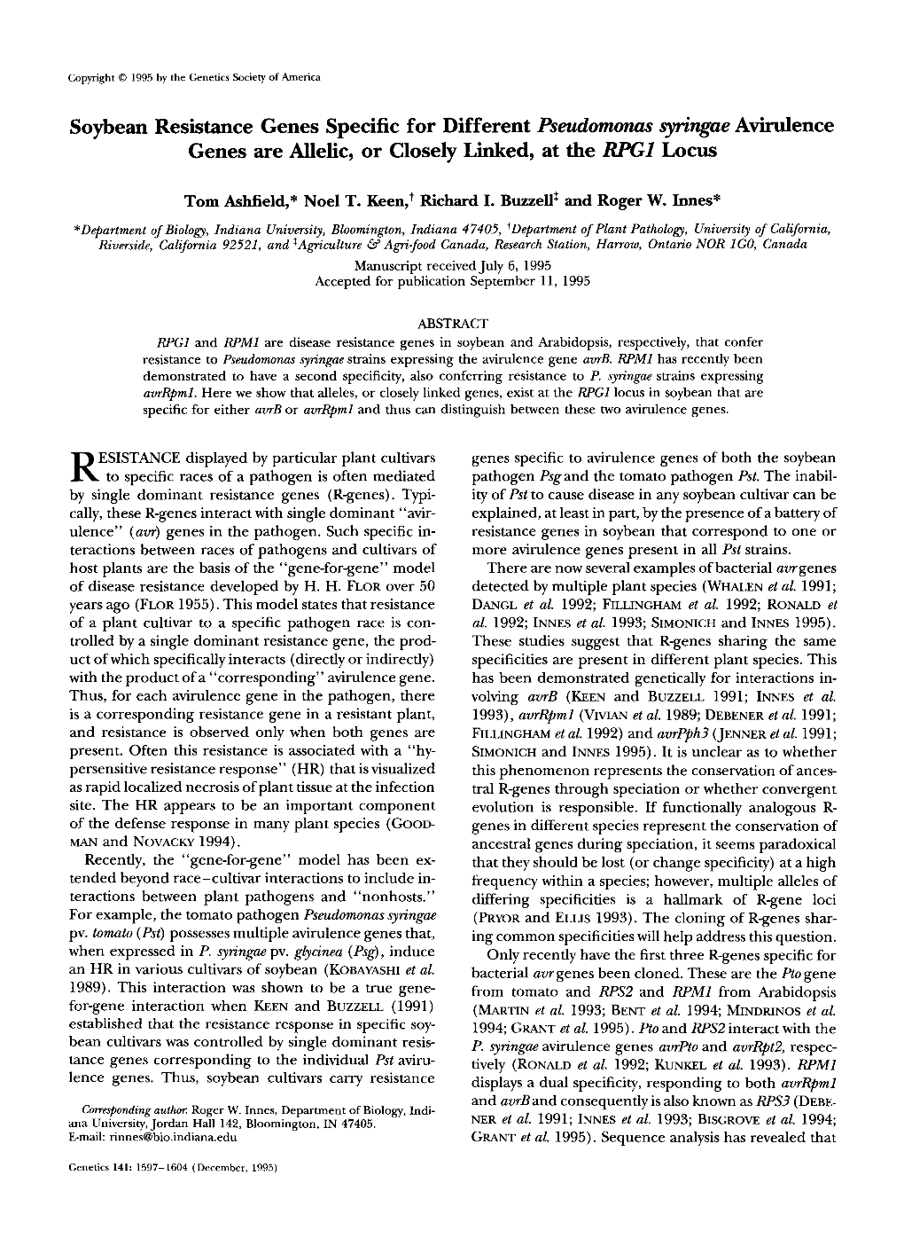 Soybean Resistance Genes Specific for Different Pseudomonas Syringue Avirwlence Genes Are Auelic, Or Closely Linked, at the RPG1 Locus