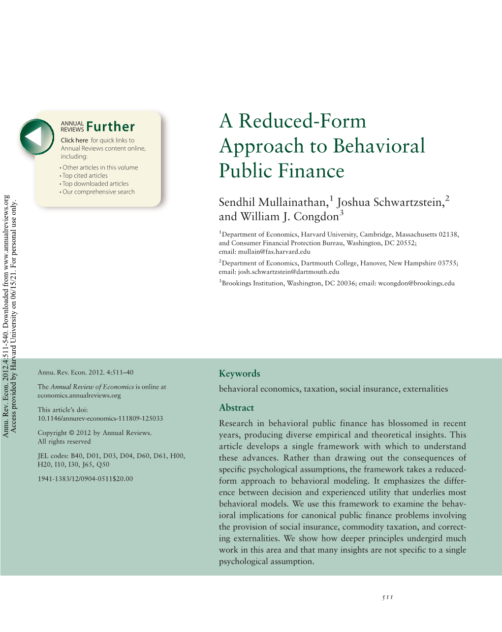 A Reduced-Form Approach to Behavioral Public Finance