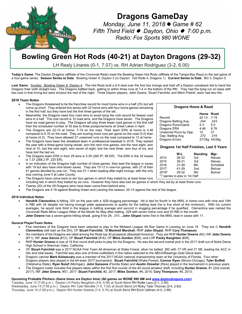 Dragons Gameday Monday, June 11, 2018  Game # 62 Fifth Third Field  Dayton, Ohio  7:00 P.M