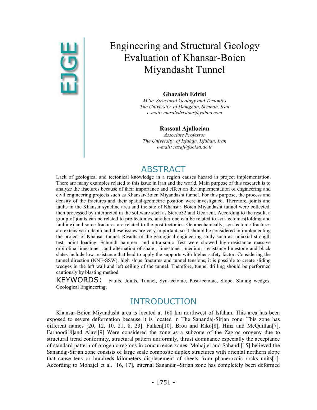 Engineering and Structural Geology Evaluation of Khansar-Boien Miyandasht Tunnel