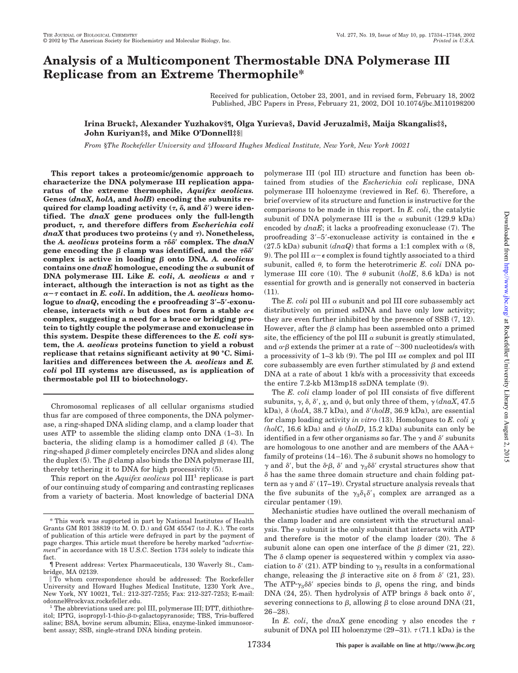 Analysis of a Multicomponent Thermostable DNA Polymerase III Replicase from an Extreme Thermophile*