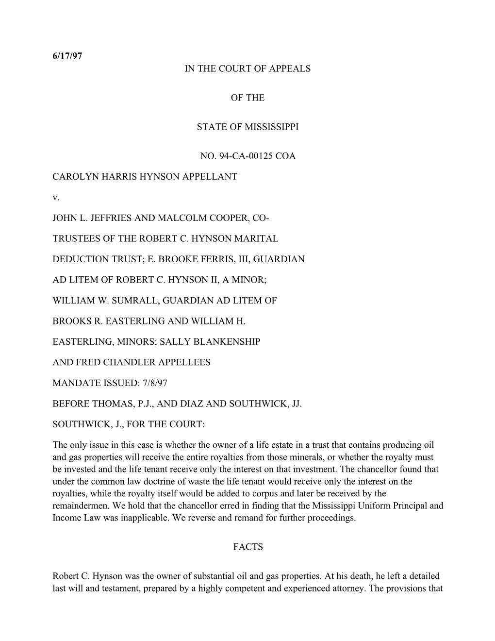 6/17/97 in the Court of Appeals of the State of Mississippi