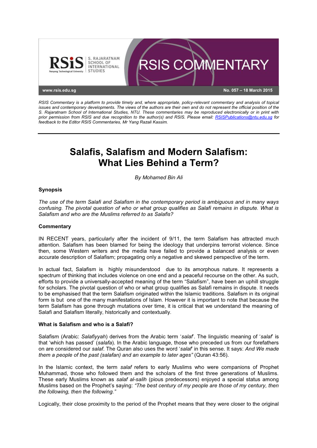 Salafis, Salafism and Modern Salafism: What Lies Behind a Term?