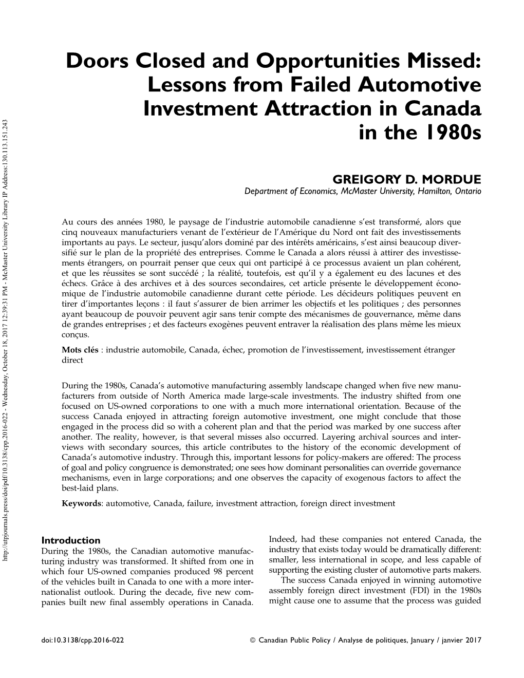 Doors Closed and Opportunities Missed: Lessons from Failed Automotive Investment Attraction in Canada in the 1980S