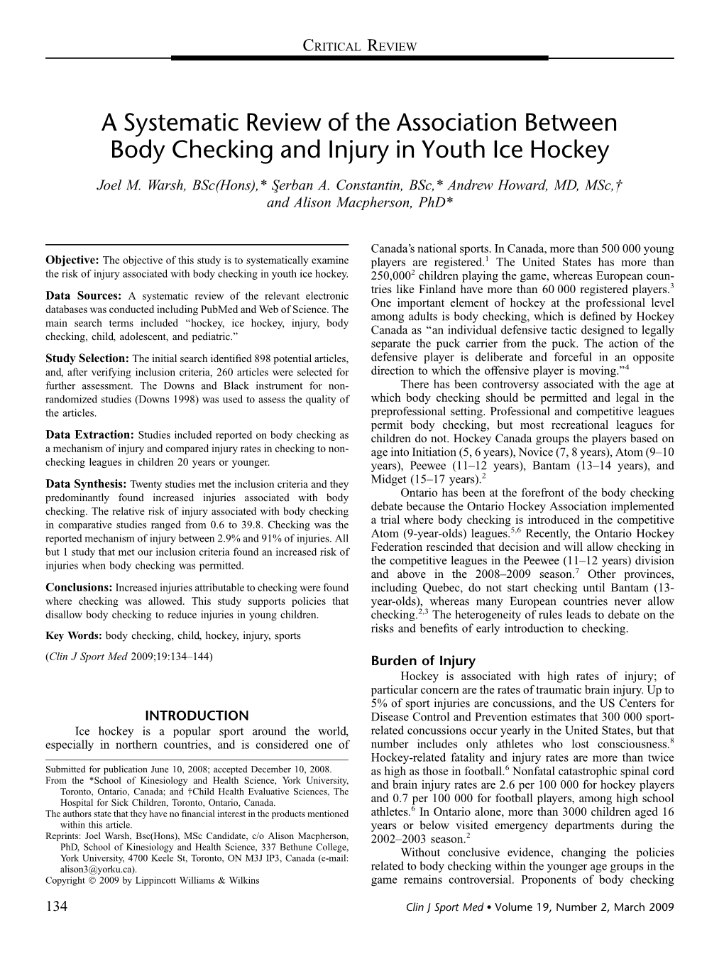 A Systematic Review of the Association Between Body Checking and Injury in Youth Ice Hockey