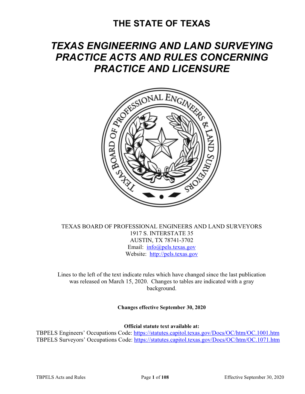 Texas Engineering and Land Surveying Practice Acts and Rules Concerning Practice and Licensure