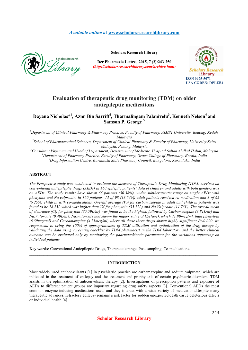 Evaluation of Therapeutic Drug Monitoring (TDM) on Older Antiepileptic Medications