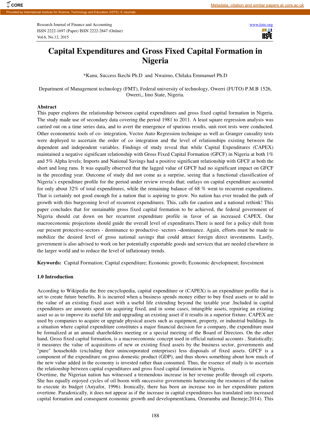 Capital Expenditures and Gross Fixed Capital Formation in Nigeria