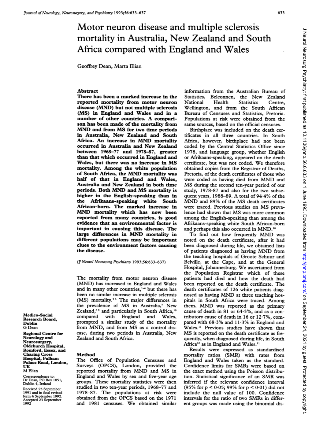 Motor Neuron Disease and Multiple Sclerosis Mortality in Australia, New Zealandand South Africa Compared with England and Wales