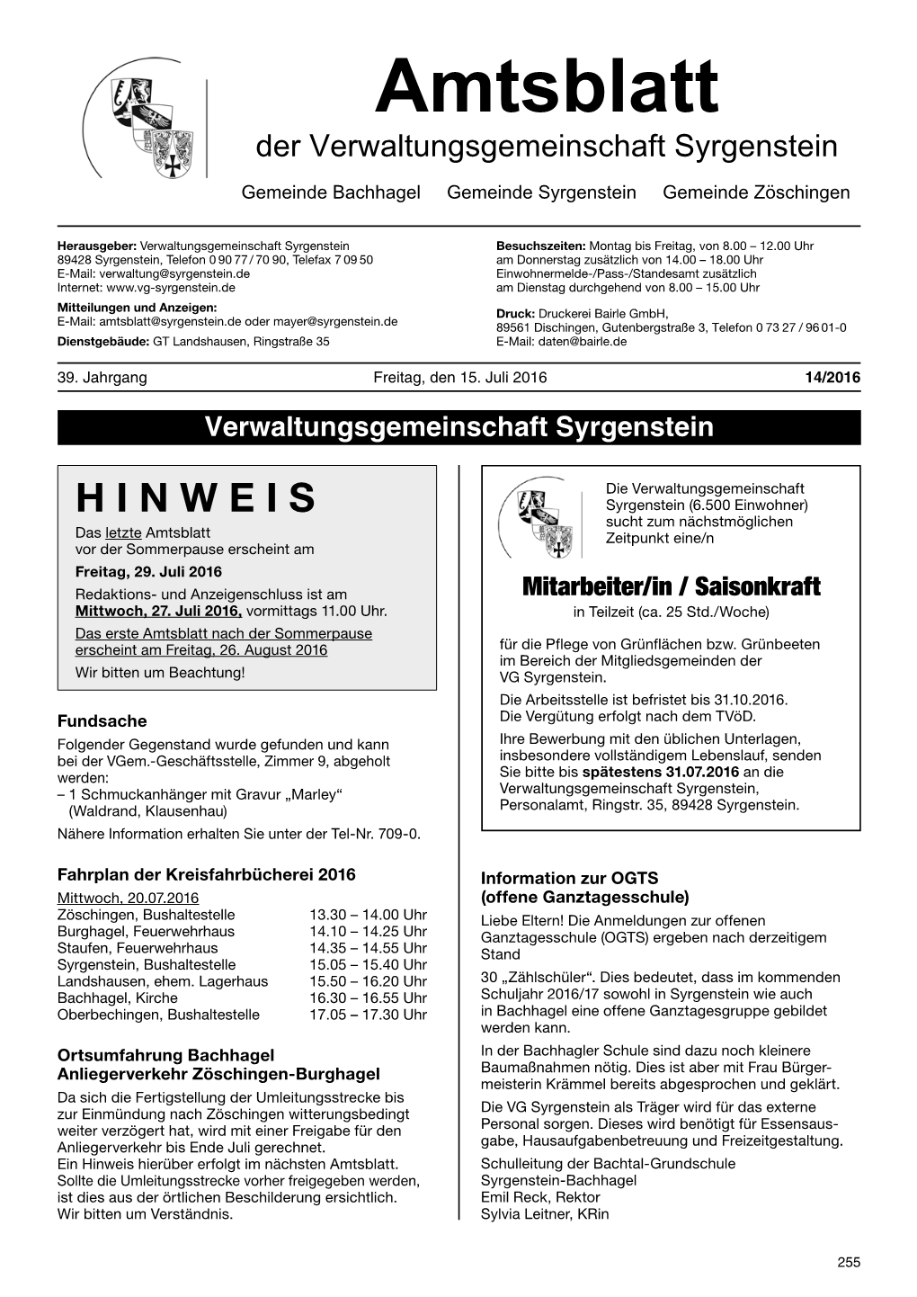 Amtsblatt Der Verwaltungsgemeinschaft Syrgenstein