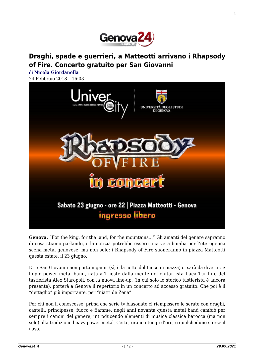 Draghi, Spade E Guerrieri, a Matteotti Arrivano I Rhapsody of Fire