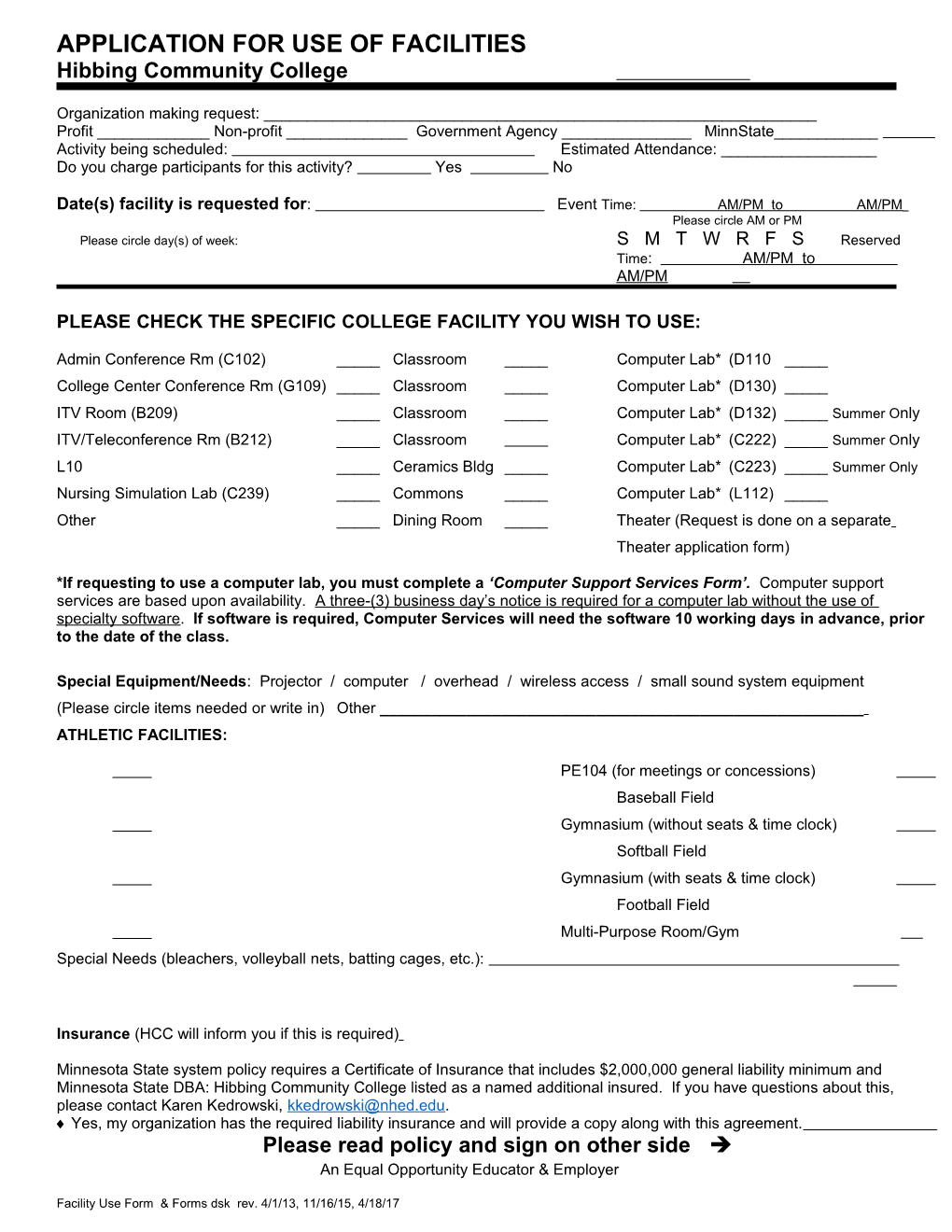 Application for Use of Facilities