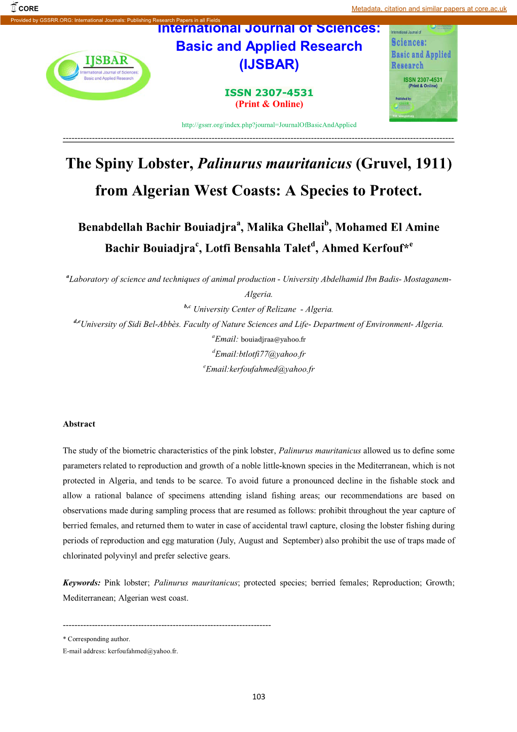 The Spiny Lobster, Palinurus Mauritanicus (Gruvel, 1911) from Algerian West Coasts: a Species to Protect