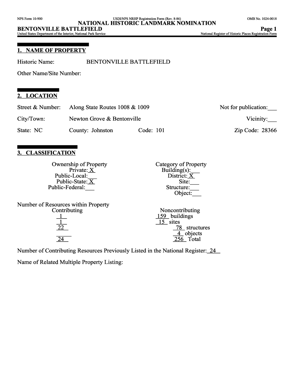 BENTONVILLE BATTLEFIELD Page 1 United States Department of the Interior, National Park Service______National Register of Historic Places Registration Form