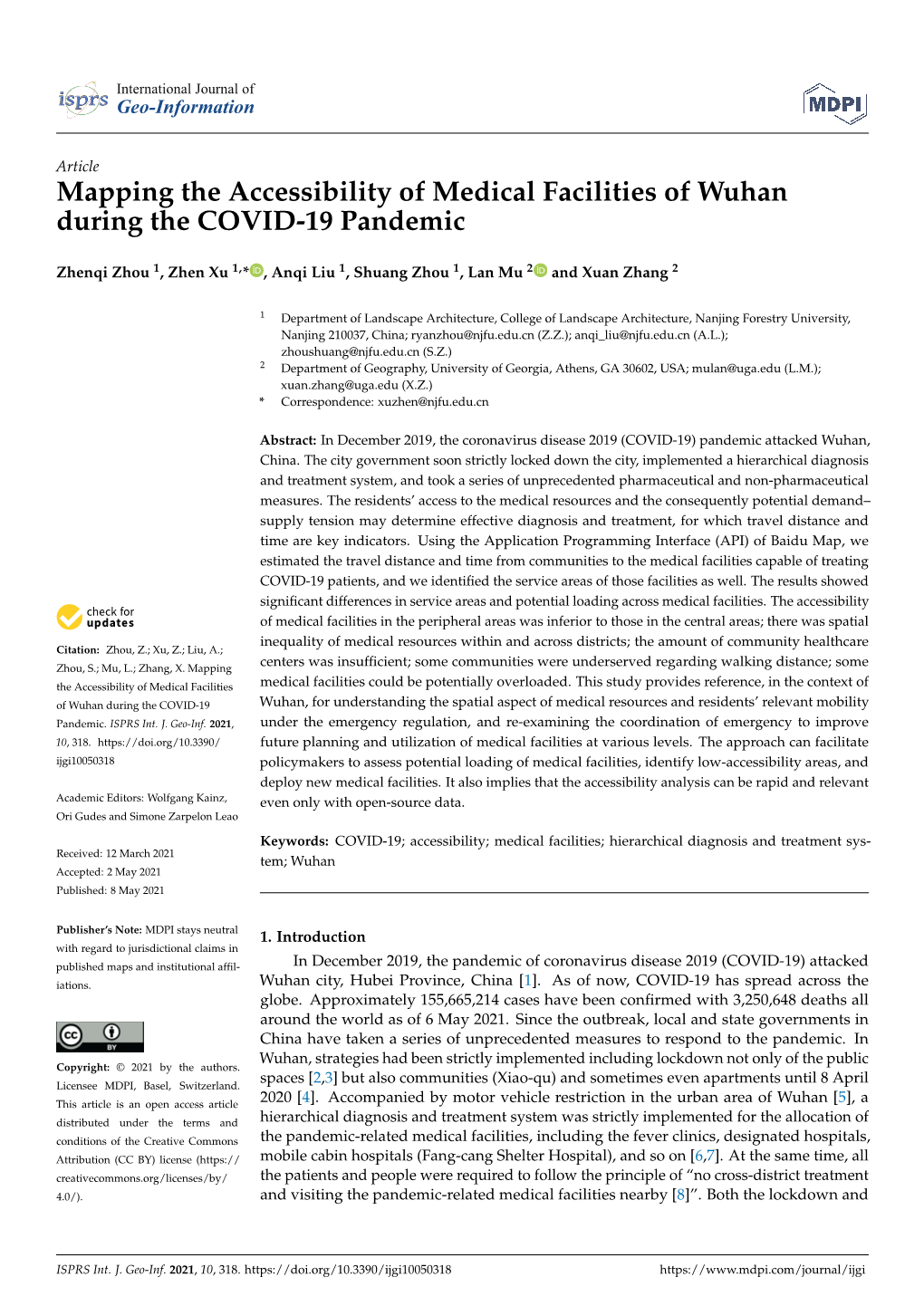 Mapping the Accessibility of Medical Facilities of Wuhan During the COVID-19 Pandemic