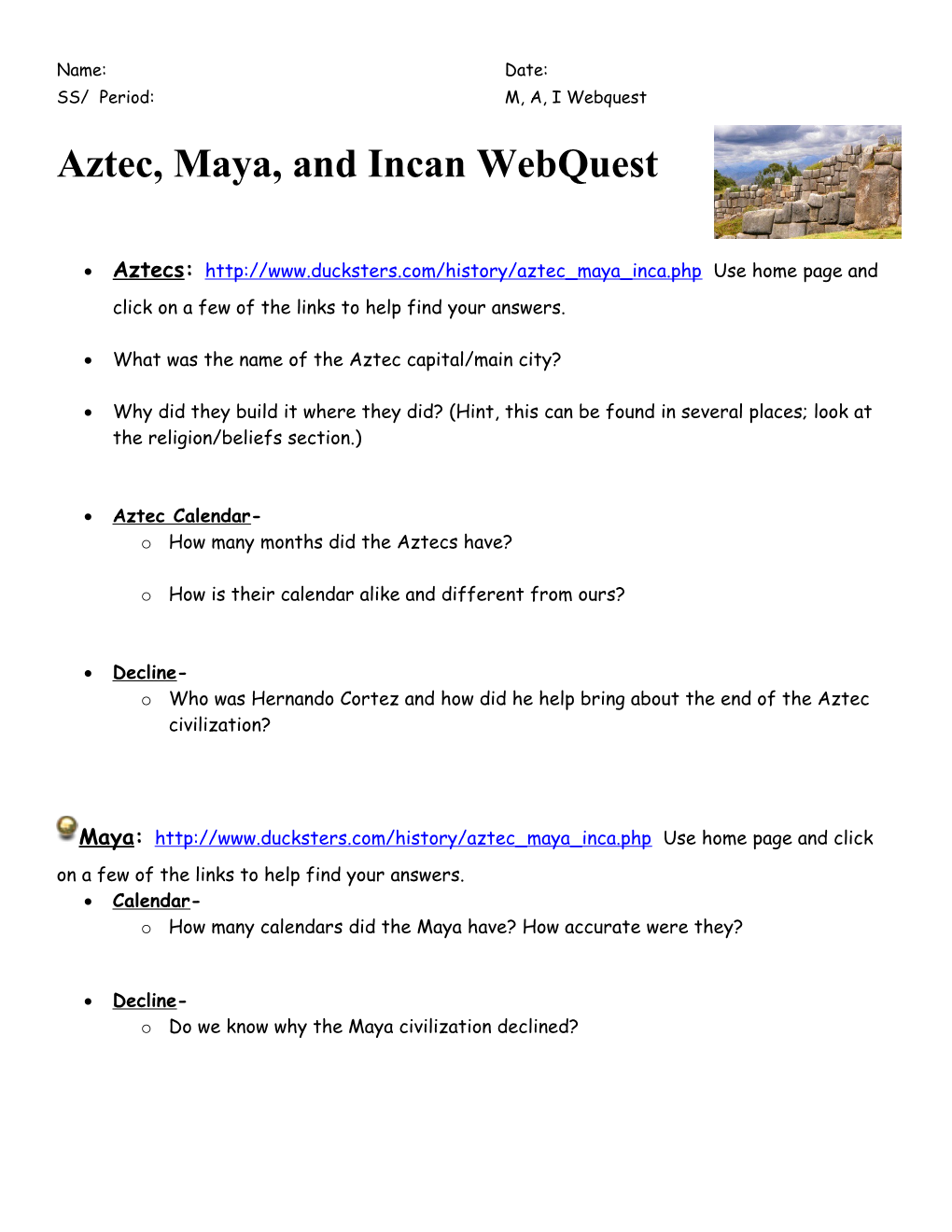 Aztec, Maya, and Incan Webquest