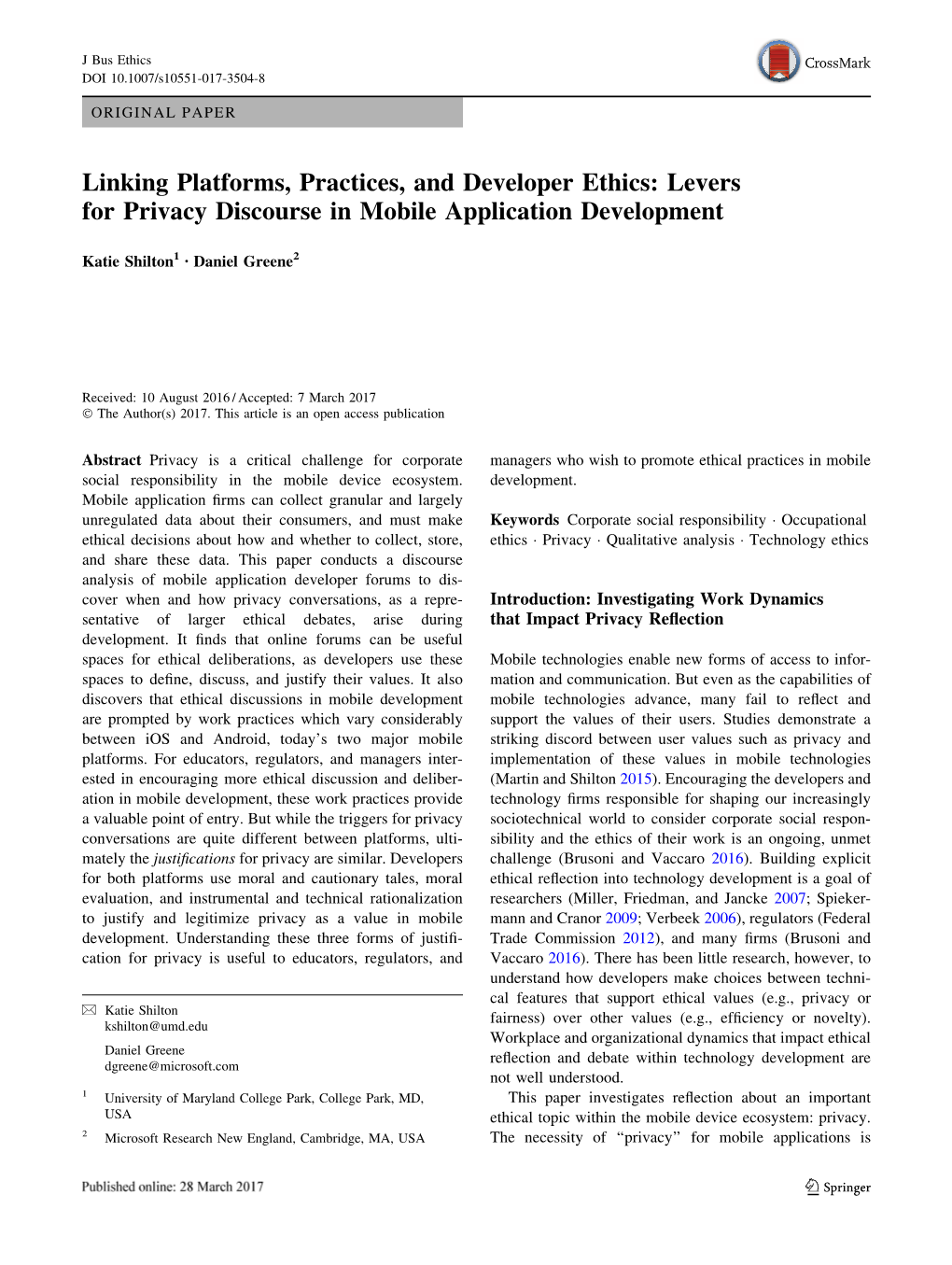 Linking Platforms, Practices, and Developer Ethics: Levers for Privacy Discourse in Mobile Application Development