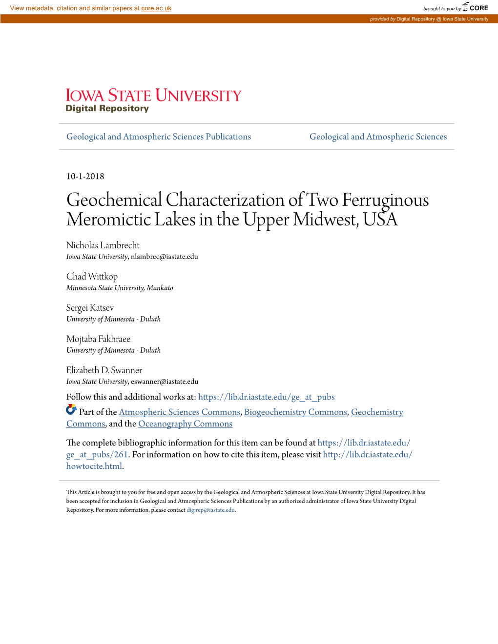 Geochemical Characterization of Two Ferruginous Meromictic Lakes in the Upper Midwest, USA Nicholas Lambrecht Iowa State University, Nlambrec@Iastate.Edu