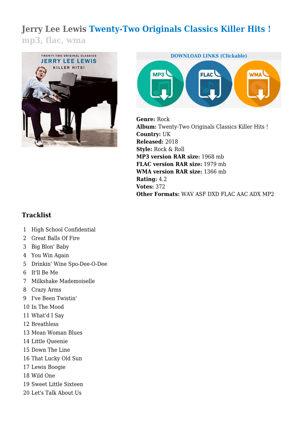 Jerry Lee Lewis Twenty-Two Originals Classics Killer Hits ! Mp3, Flac, Wma