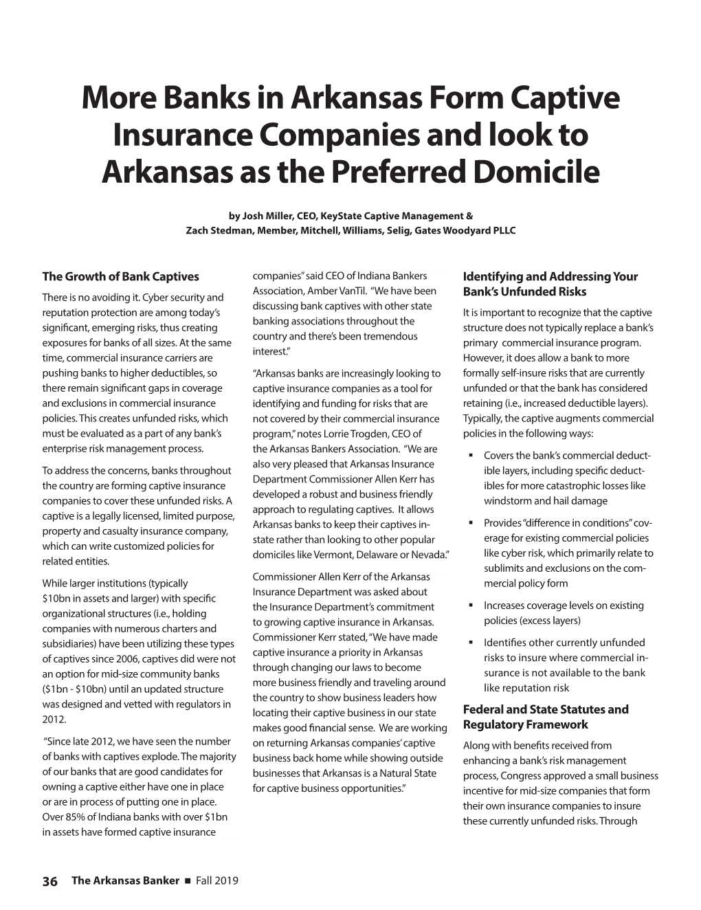 More Banks in Arkansas Form Captive Insurance Companies and Look to Arkansas As the Preferred Domicile