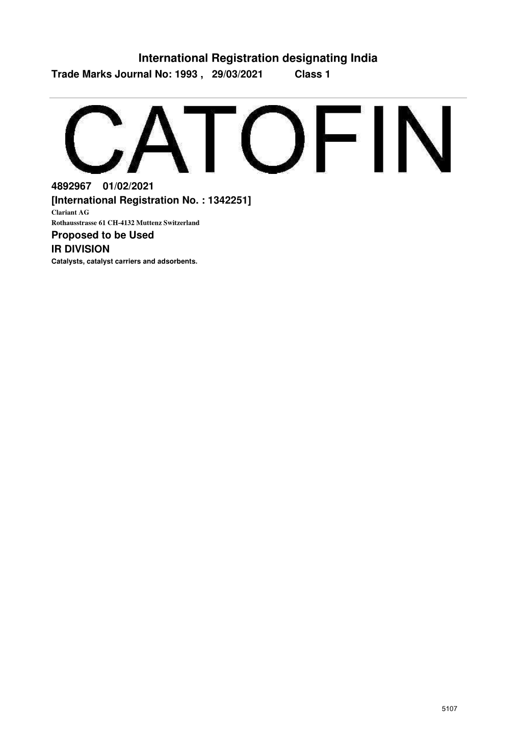 International Registration Designating India Trade Marks Journal No: 1993 , 29/03/2021 Class 1
