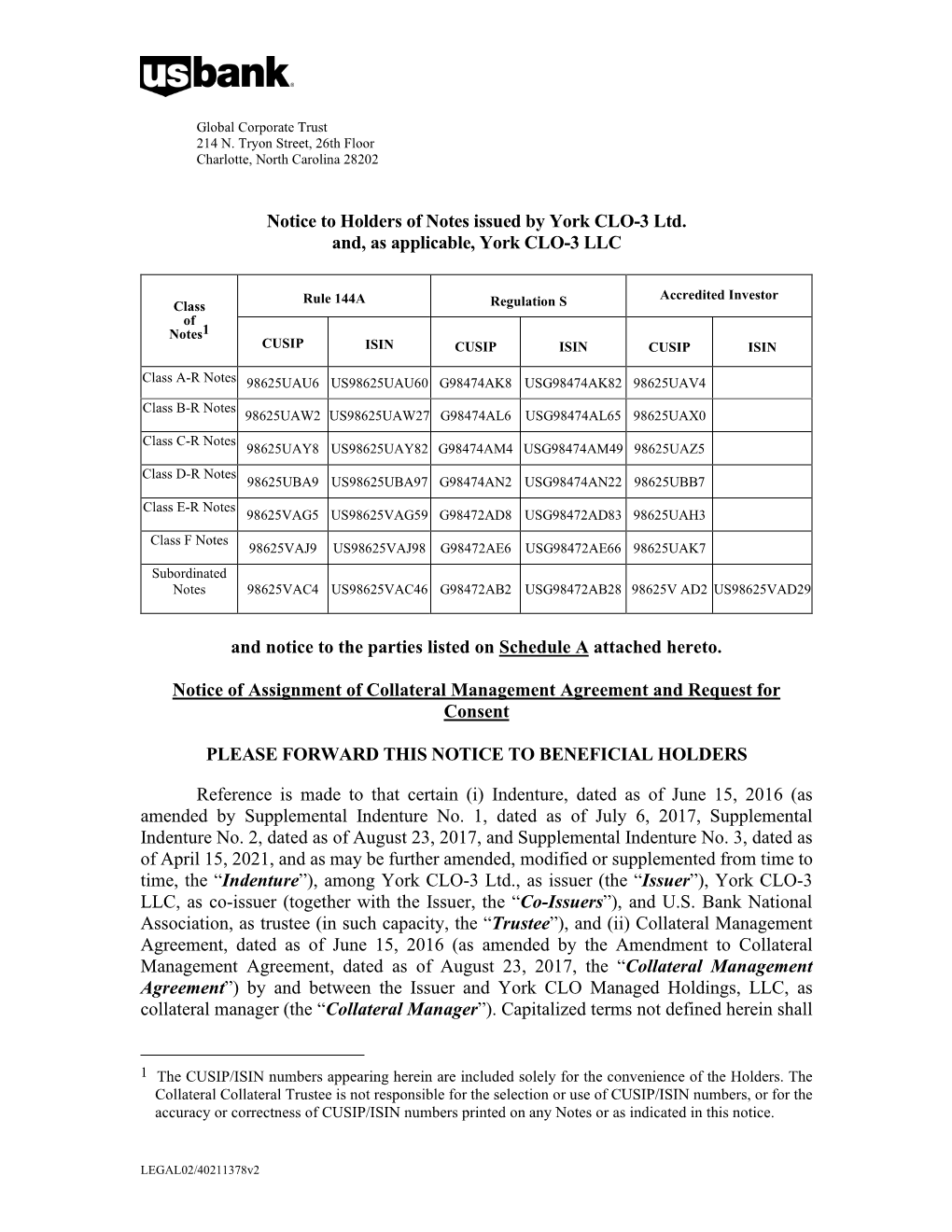 Notice to Holders of Notes Issued by York CLO-3 Ltd. And, As Applicable, York CLO-3 LLC and Notice to the Parties Listed on Sc