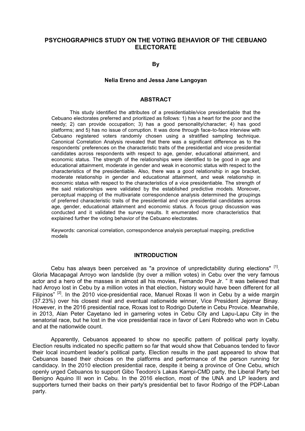 Psychographics Study on the Voting Behavior of the Cebuano Electorate