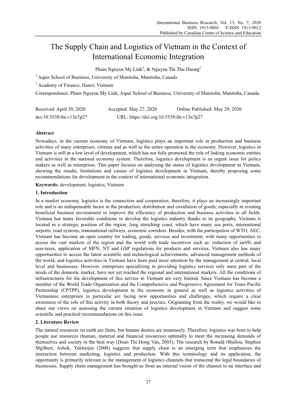 The Supply Chain and Logistics of Vietnam in the Context of International Economic Integration