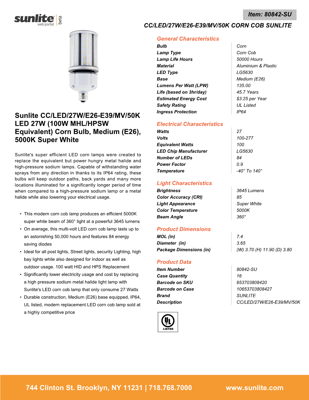 80842-Su | Cc/Led/27W/E26-E39/Mv/50K Corn Cob Sunlite