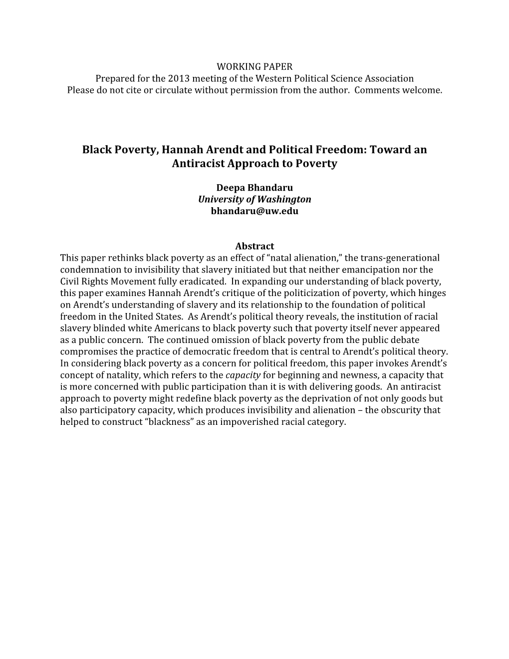 Black Poverty, Hannah Arendt and Political Freedom: Toward an Antiracist Approach to Poverty