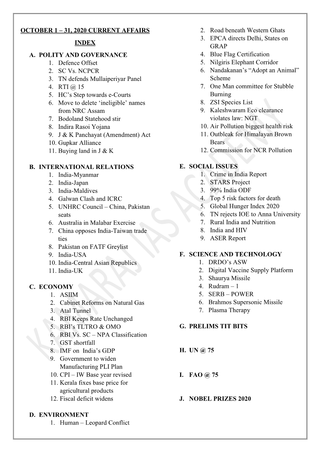 October 1 – 31, 2020 Current Affairs Index A. Polity And