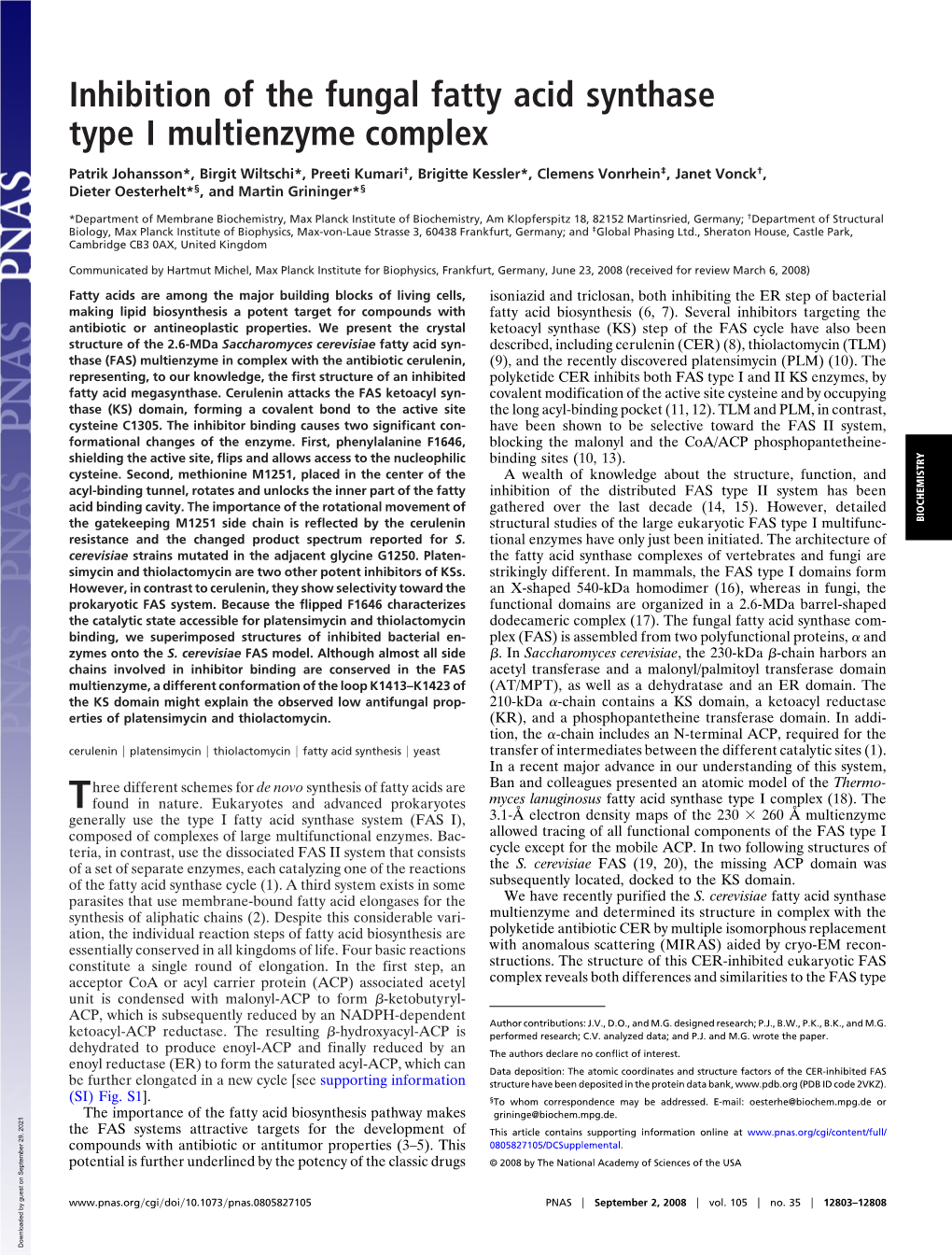 Inhibition of the Fungal Fatty Acid Synthase Type I Multienzyme Complex