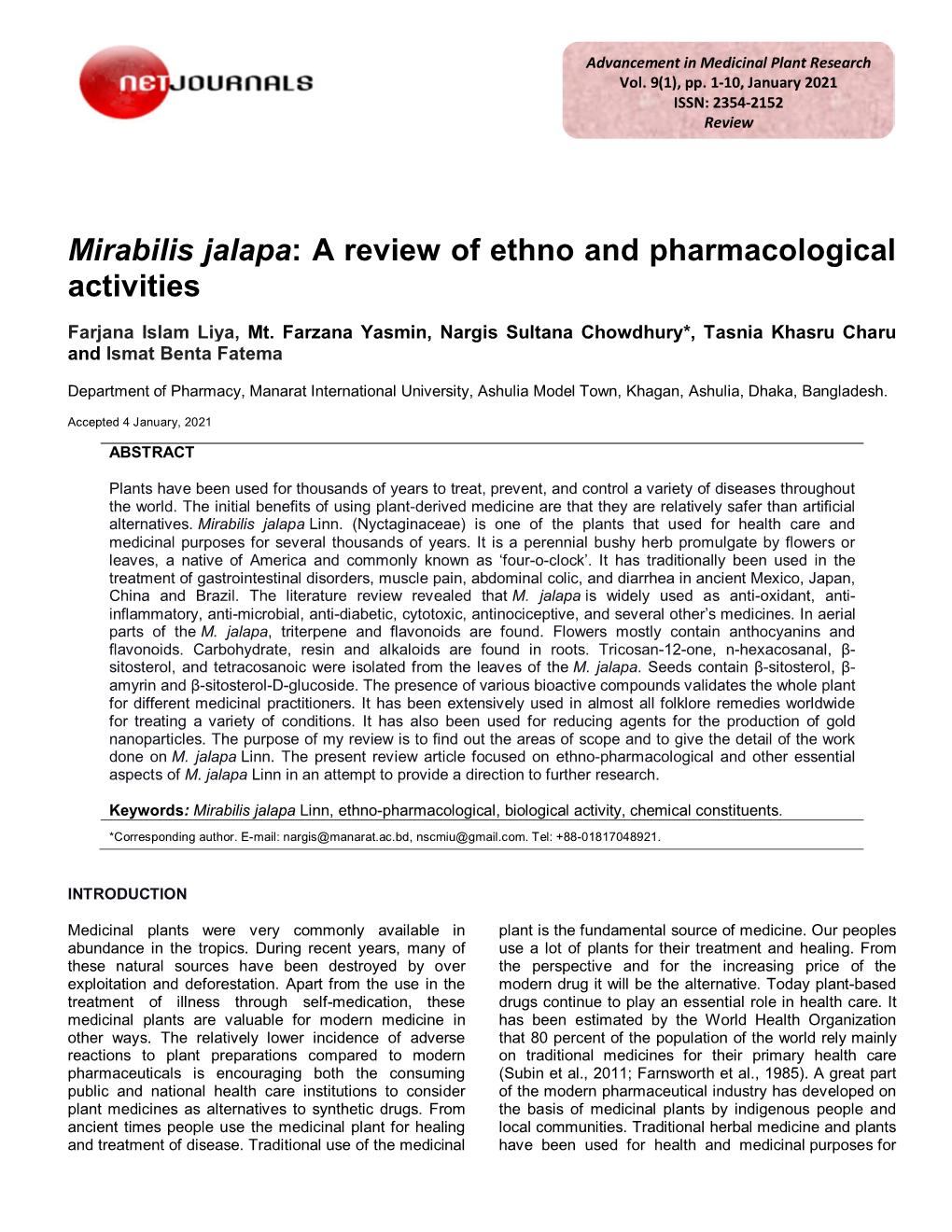 Mirabilis Jalapa: a Review of Ethno and Pharmacological Activities