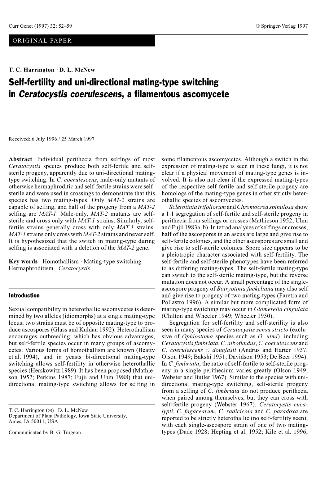 Self-Fertility and Uni-Directional Mating-Type Switching in Ceratocystis Coerulescens, a Filamentous Ascomycete