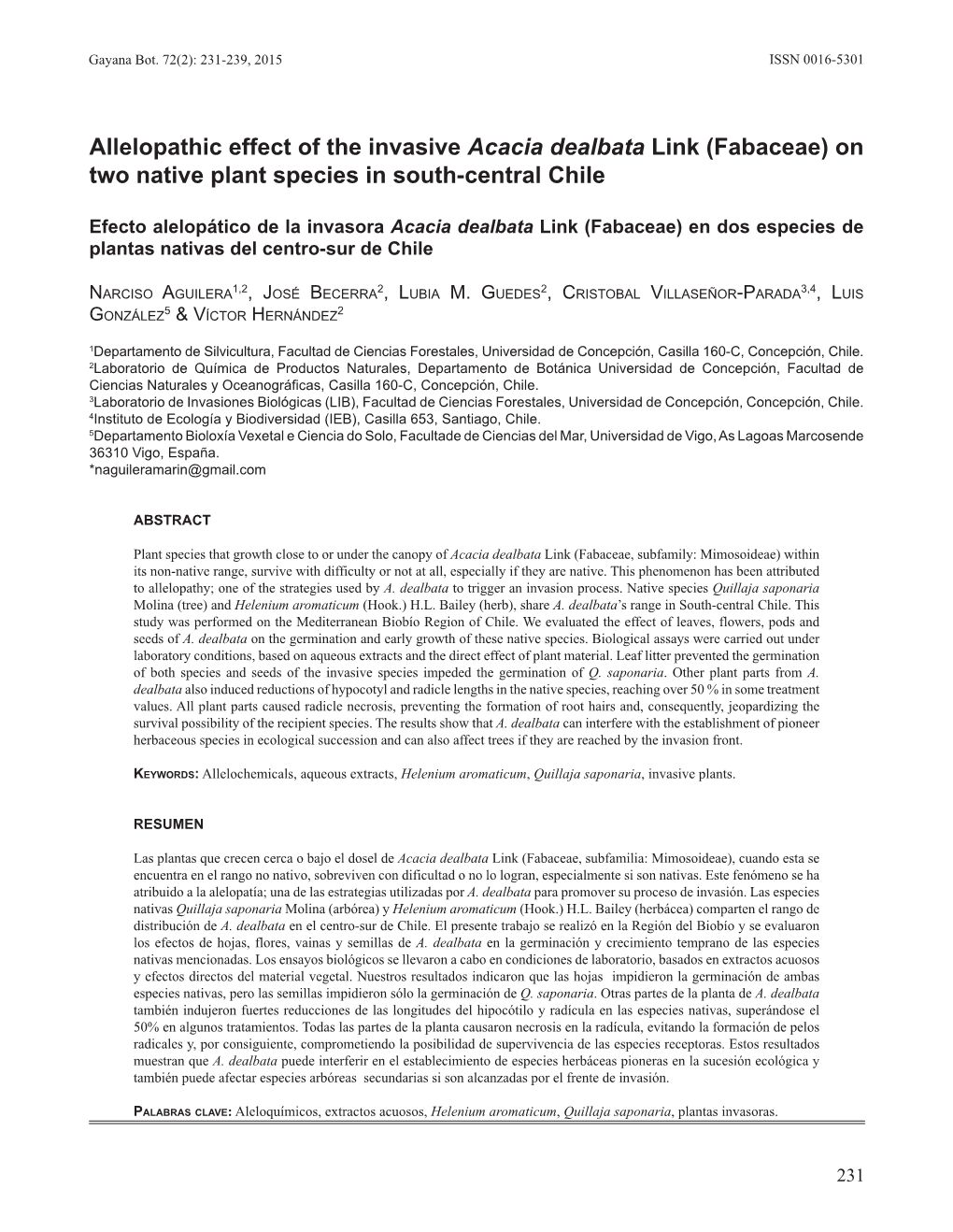 Allelopathic Effect of the Invasive Acacia Dealbata Link (Fabaceae) on Two Native Plant Species in South-Central Chile
