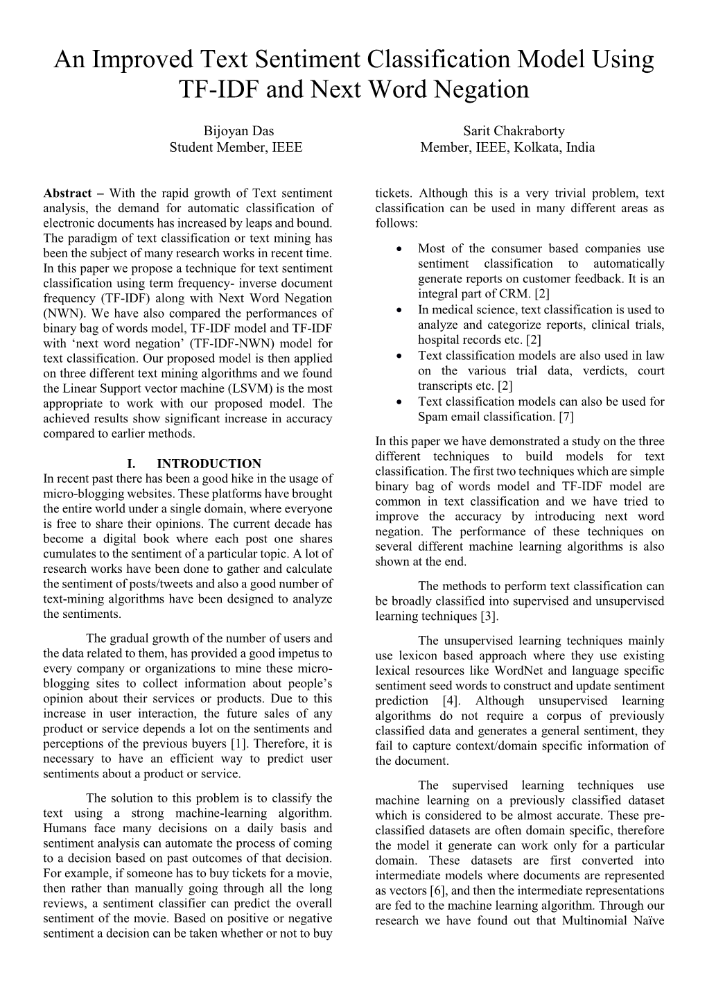 An Improved Text Sentiment Classification Model Using TF-IDF and Next Word Negation