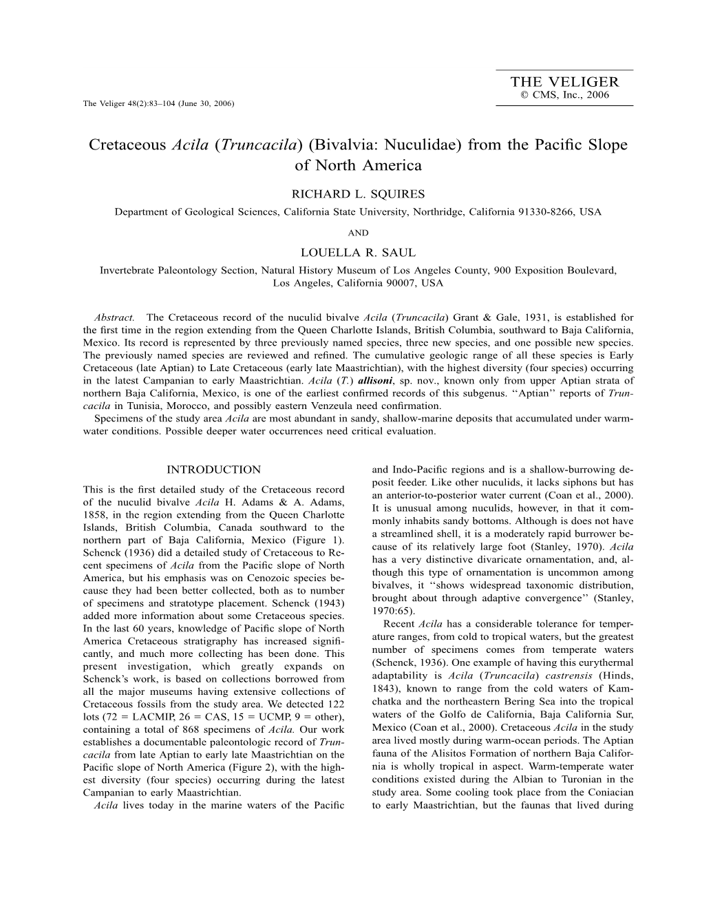 Cretaceous Acila (Truncacila) (Bivalvia: Nuculidae) from the Paciﬁc Slope of North America