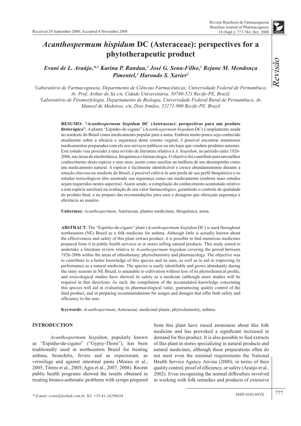 Acanthospermum Hispidum DC (Asteraceae): Perspectives for a Phytotherapeutic Product