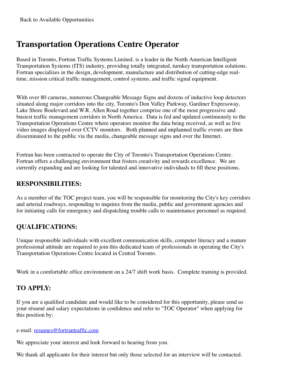 Transportation Operations Centre Operator