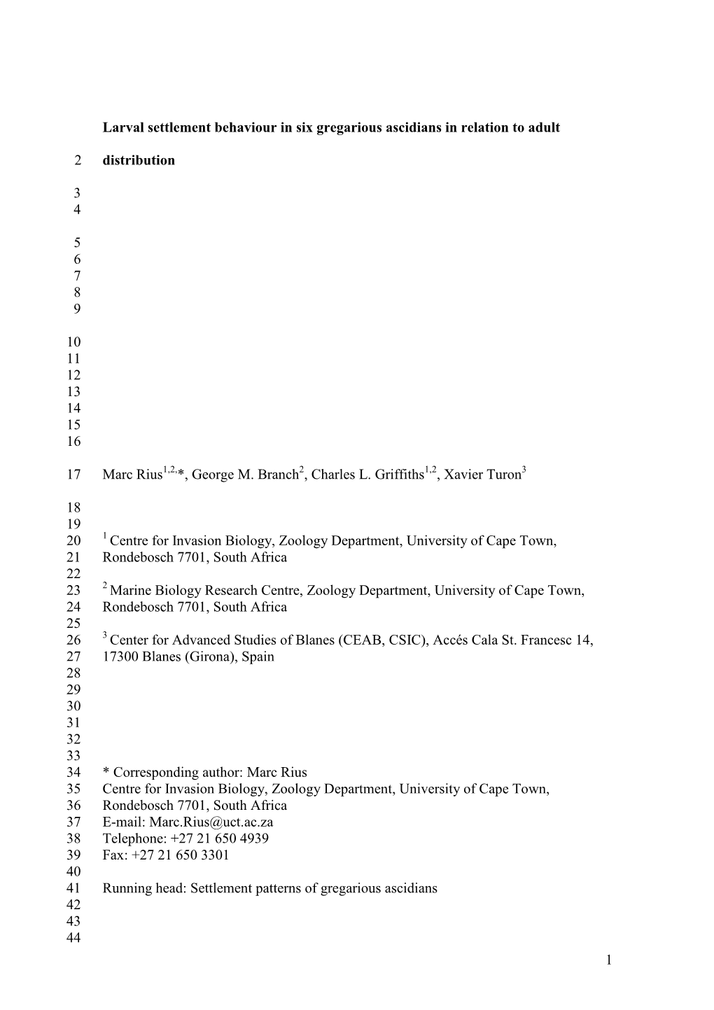 Settlement Patterns in Ascidians Concerning Have Been Patchily